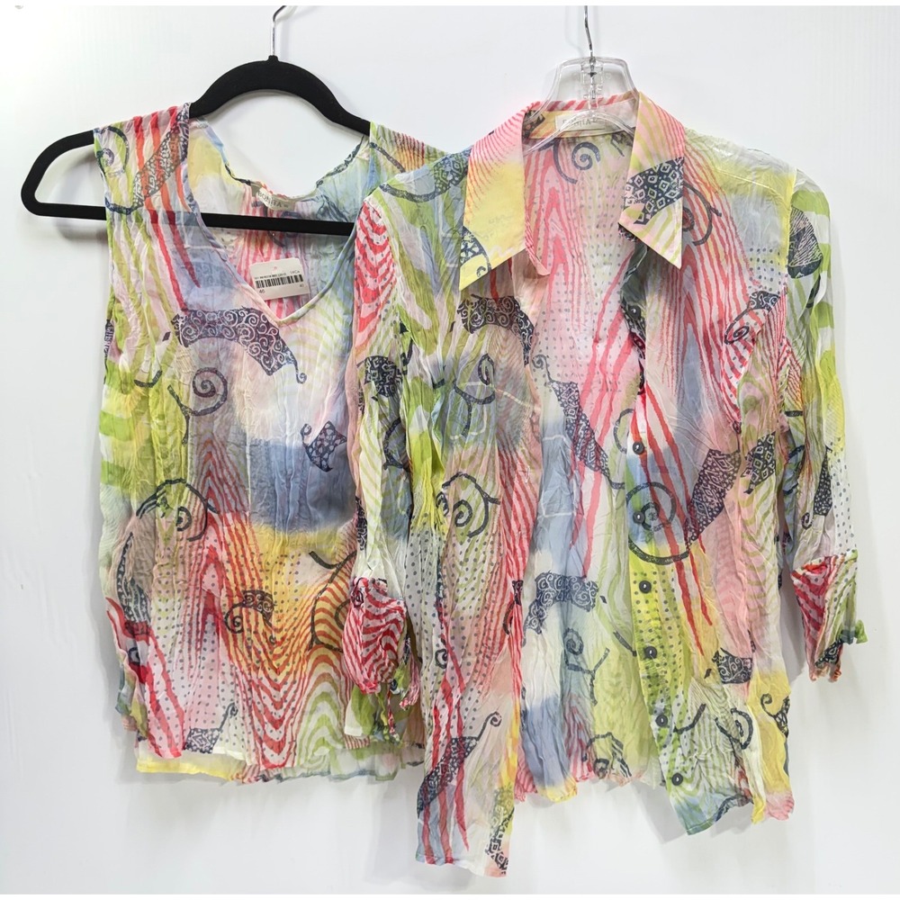 Bonita Women Multi Color Abstract Crinkle Chiffon 2 Piece Top Set Size 42 L NEW